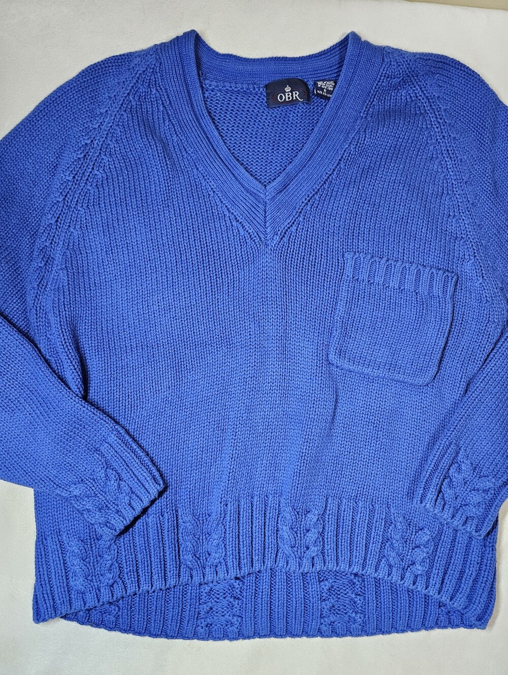 OBR Blue 100% Cotton Cable Knit V-Neck Sweater Pocket Women's Medium Vintage